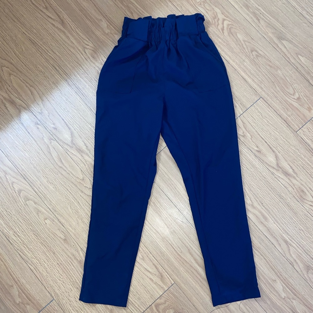 Blue High Waisted Paper Bag Work Pants
